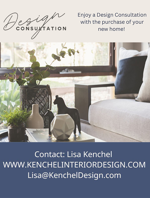 Cream-Minimalist-Elegant-Hotel-Gift-Certificate-11 A flyer promoting a design consultation featuring a cozy, modern living room with a beige sofa, navy pillows, and a decor-styled coffee table. The text highlights "Design Consultation: Enjoy a Design Consultation with the purchase of your new home!" and provides contact details for Lisa Kenchel, including her website and email address.